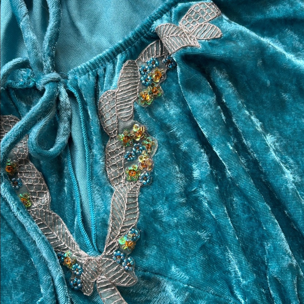 Vintage Y2K New Teal Velvet XL Fairy Peasant Blouse Top Beaded Embroidered - Picture 11 of 17